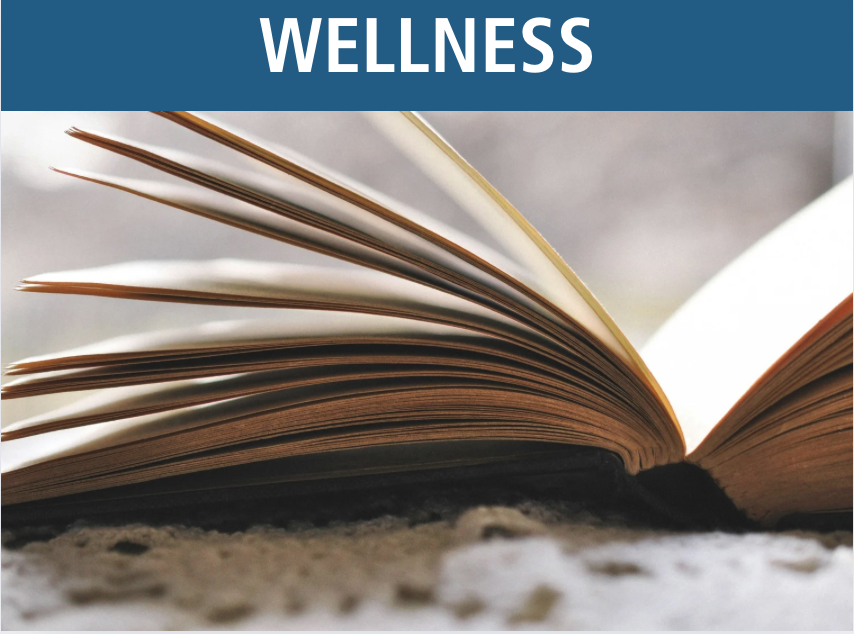 Book Club: An opened book with the pages being flipped. This class falls within the wellness category.
